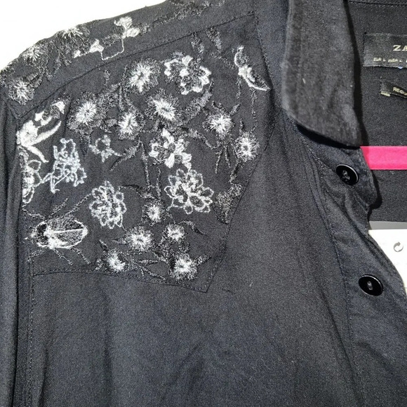 NWT Zara Black Embroidered Button Up Blouse - Picture 4 of 10